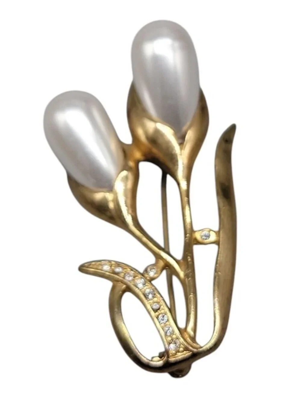 Mi Amore Brooch Calla Lilly Flower Gold Tone Faux Pearl Rhinestone Vintage